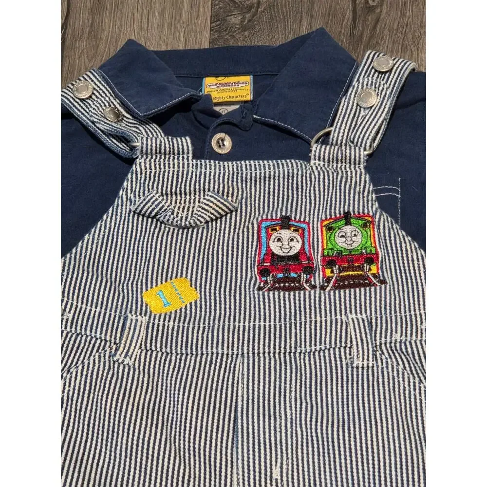 Vintage Y2K Kids Thomas the Tank Engine Denim Overalls Embroidered Train Size 4T